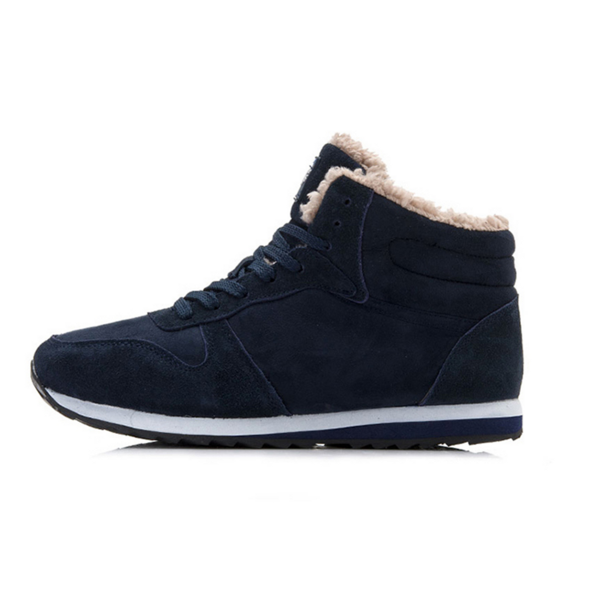 High-top sneaker boots with lace-up fronts, faux-fur collars and contrast soles