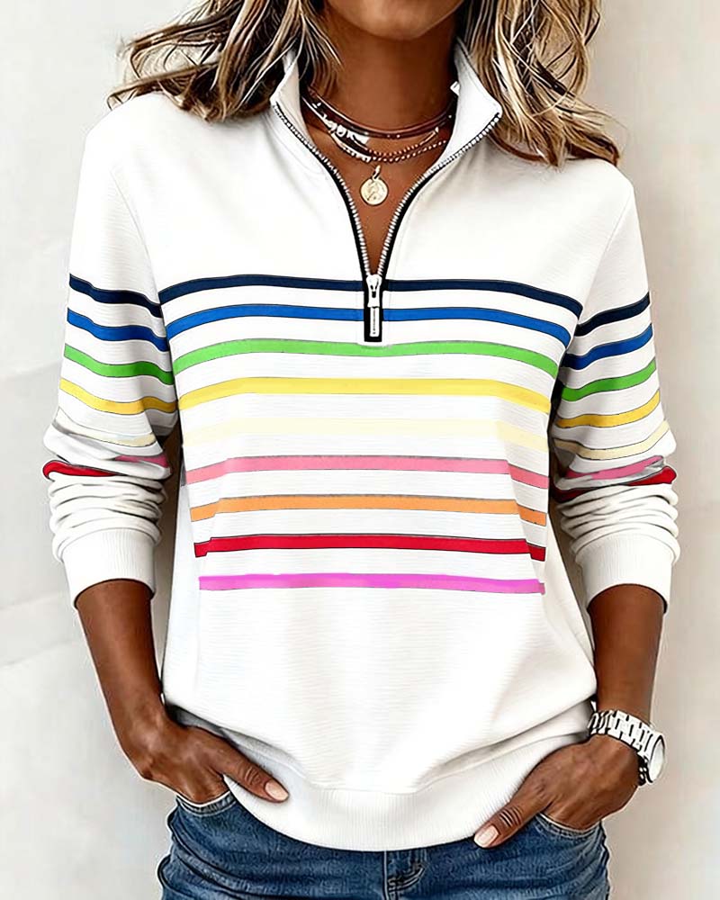 Women's striped half-zip sweatshirt with mock neck and long sleeves