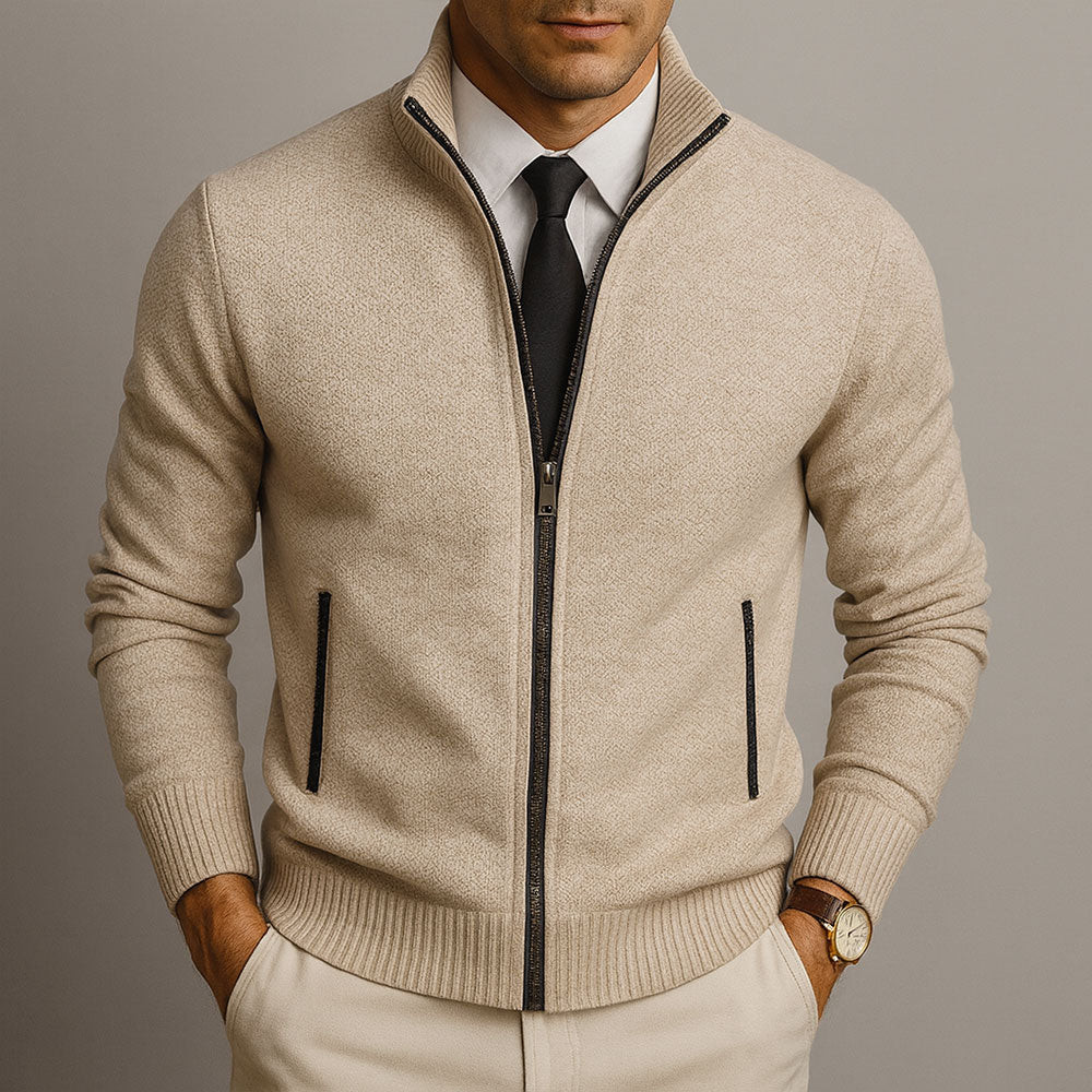 Men's textured zip sweater with mock neck, long sleeves and front zip pockets