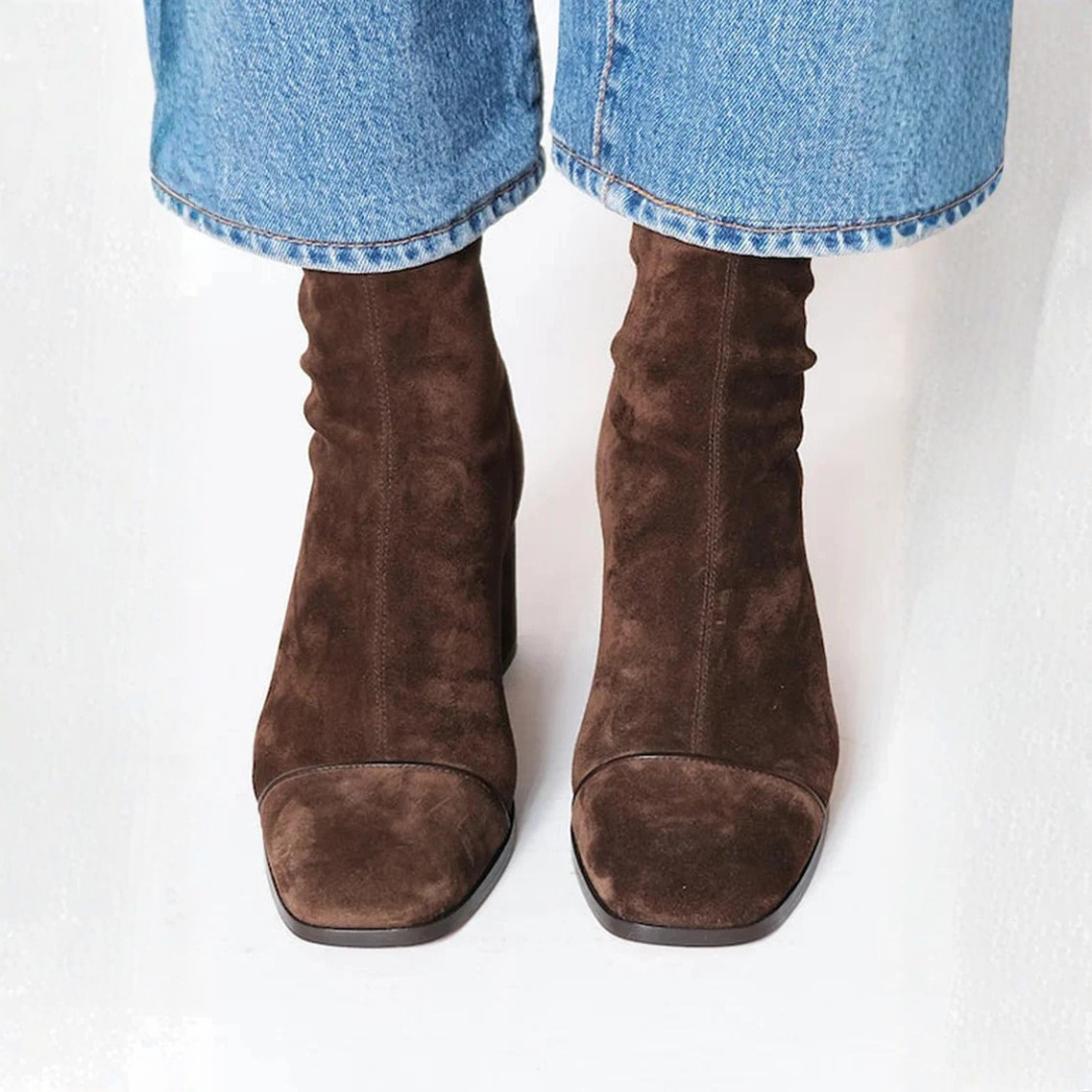Women's brown ankle boots with square toes, side zips and block heels