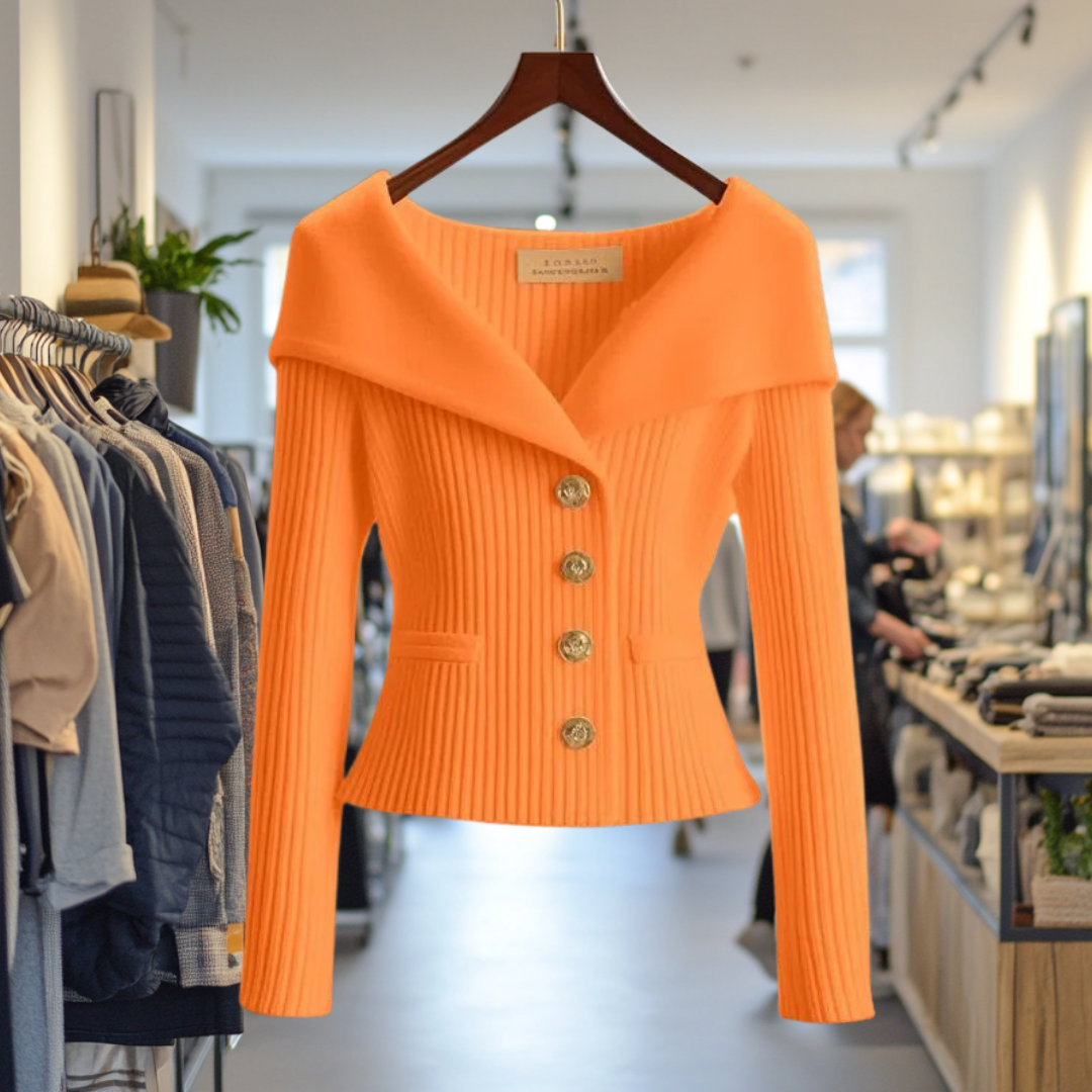 Ribbed women's cardigan with shawl collar, long sleeves and button front