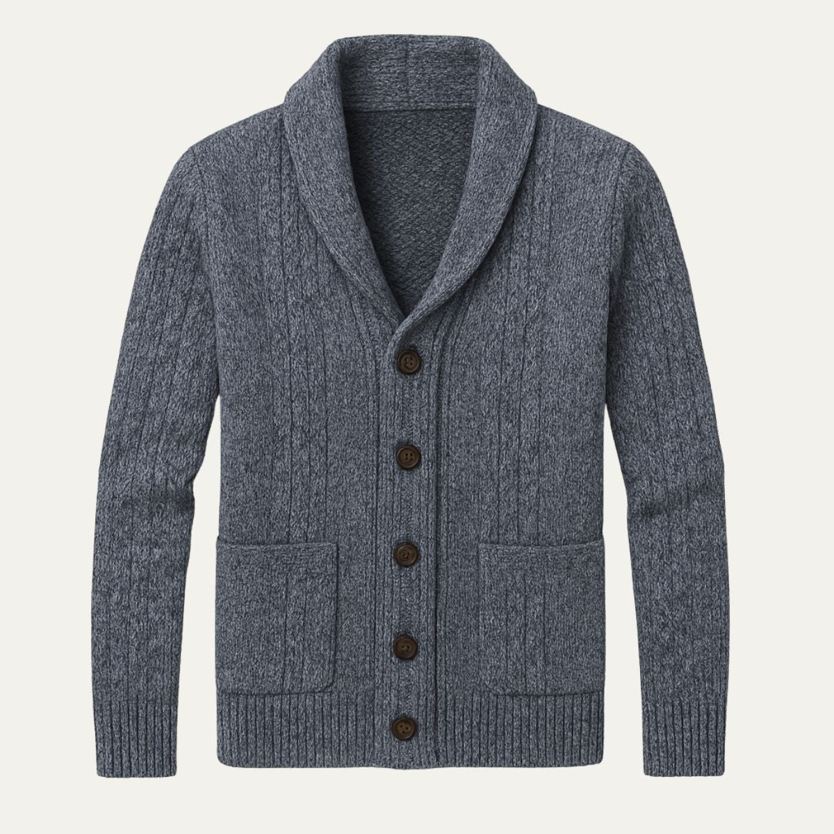 Men's textured cable knit cardigan with shawl collar, buttons and front pockets