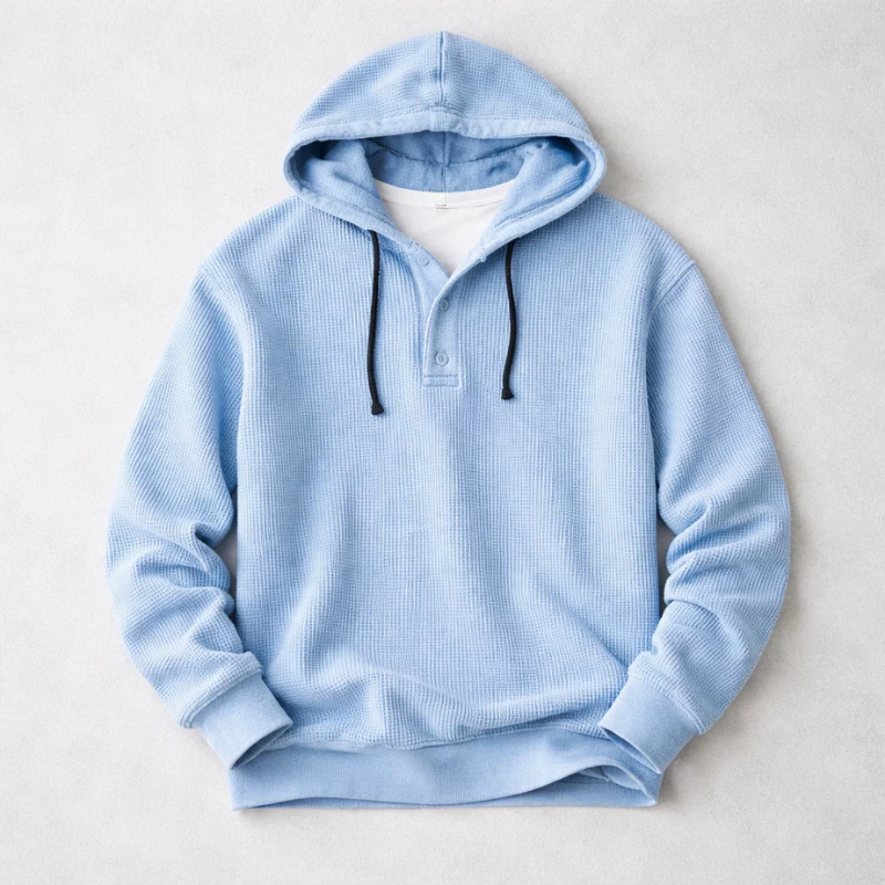 Men's waffle-knit Henley hoodie with drawstring hood and long sleeves