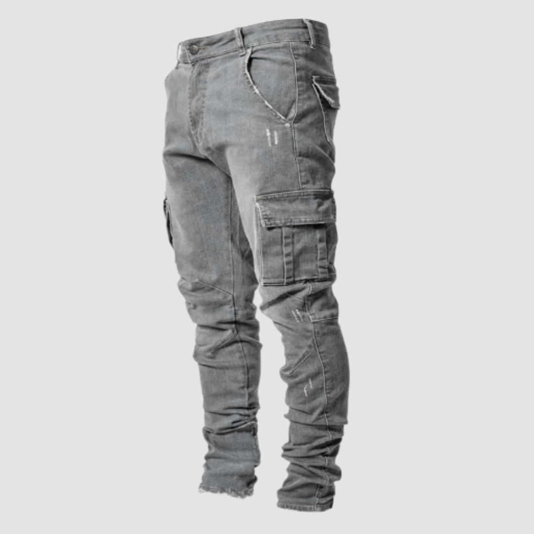 Men's slim tapered cargo jeans with multiple utility pockets and gathered legs