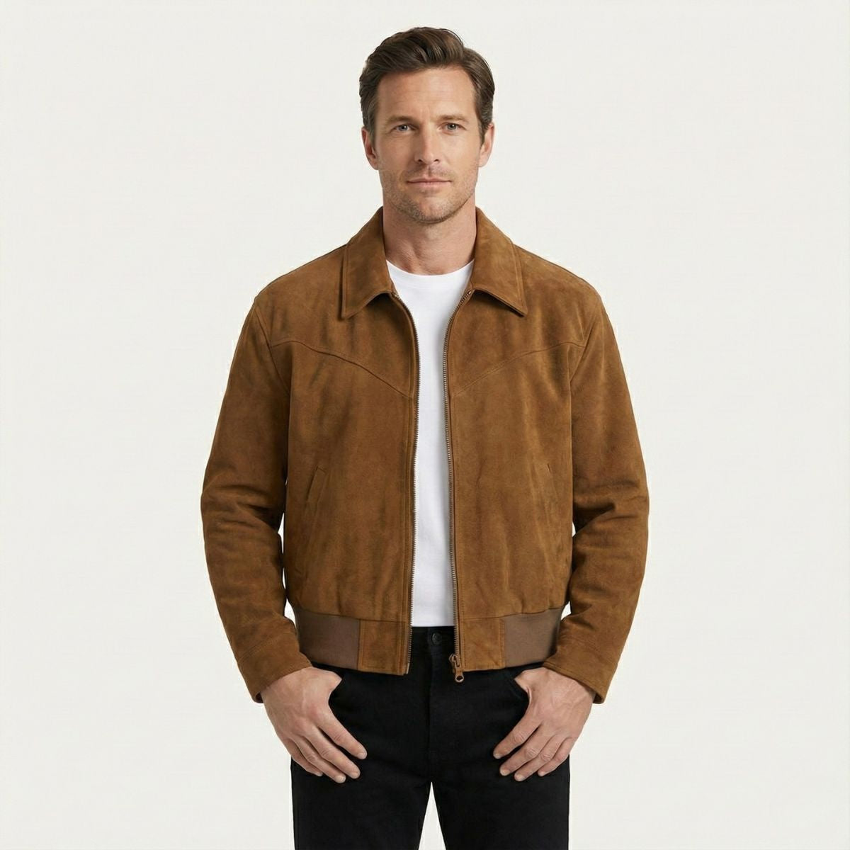 Men's textured bomber jacket with turn-down collar, zip front and ribbed trims