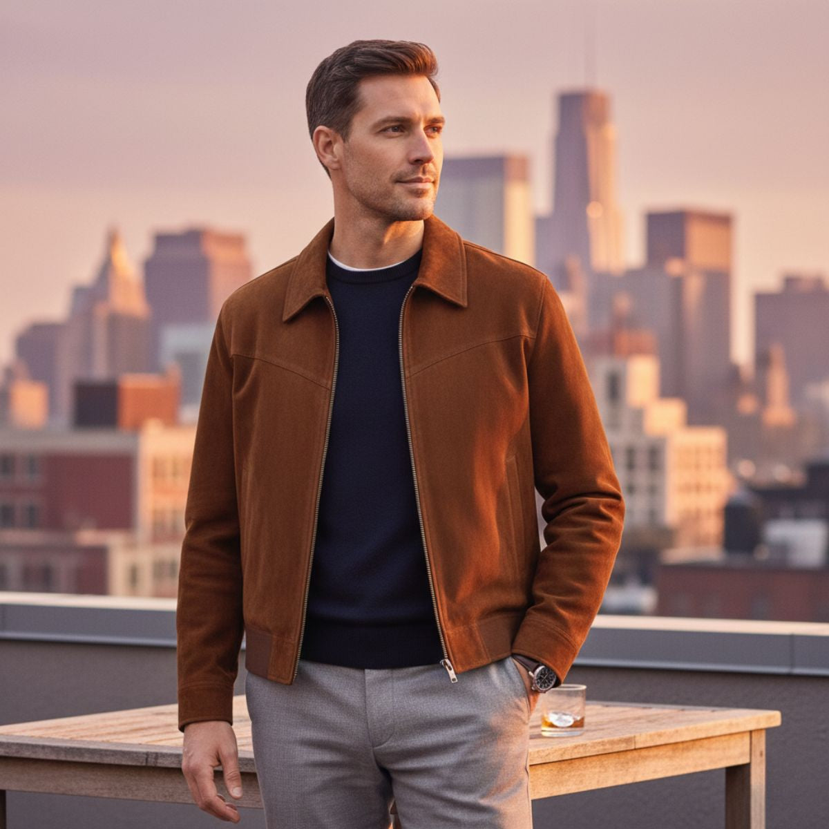 Men's textured bomber jacket with turn-down collar, zip front and ribbed trims