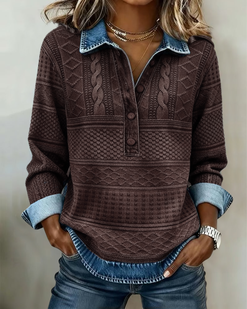 Women's textured collared jumper with button placket and long sleeves