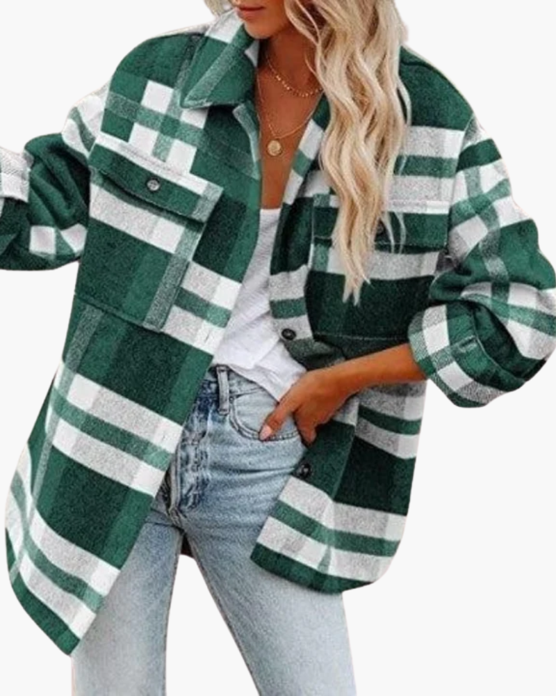 Women's oversized checked jacket with shirt collar and button front