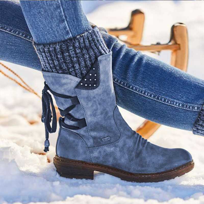 Women's mid-calf boots with side zips, lace-up detail, knitted cuffs and low heels