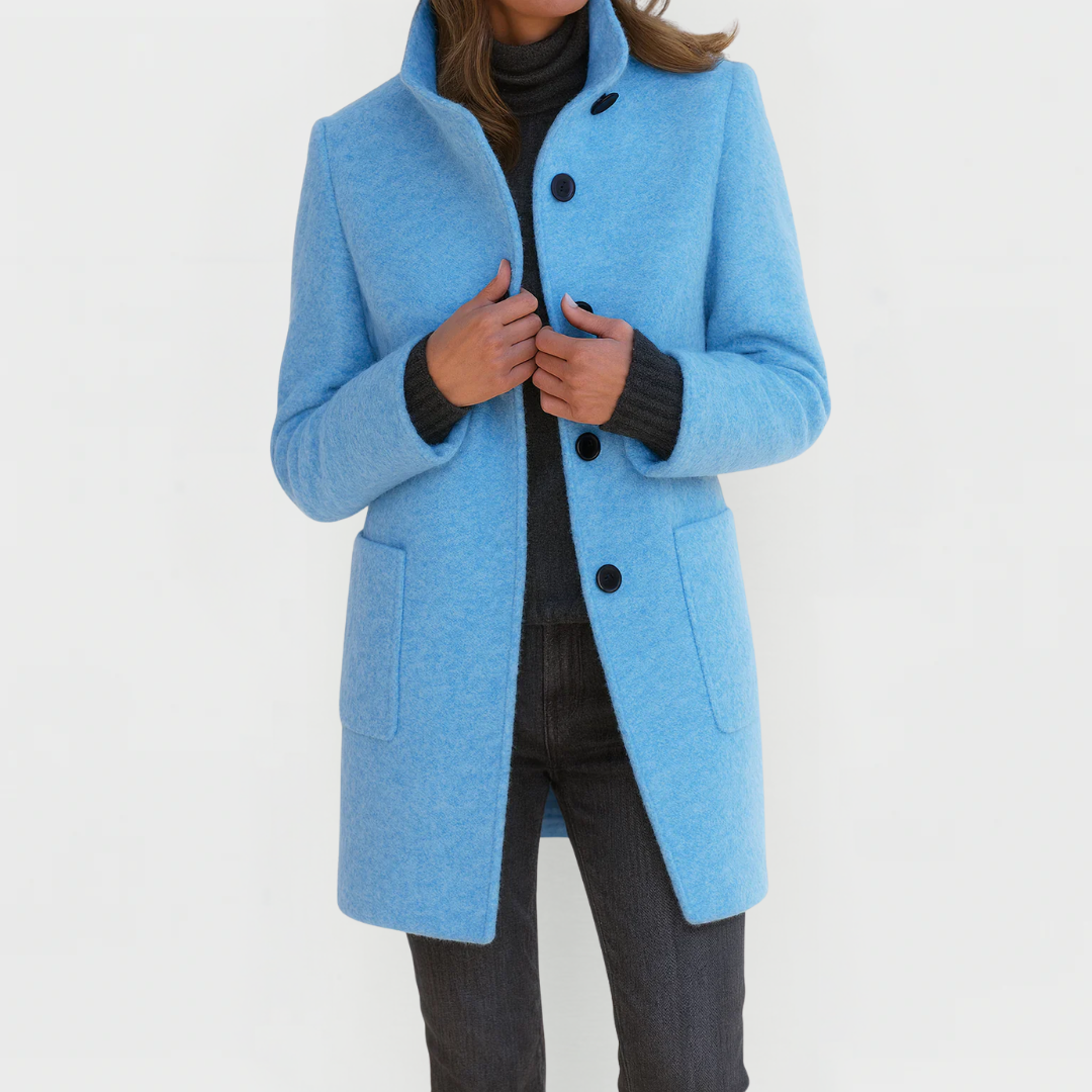 Women's structured button front coat with stand collar and patch pockets