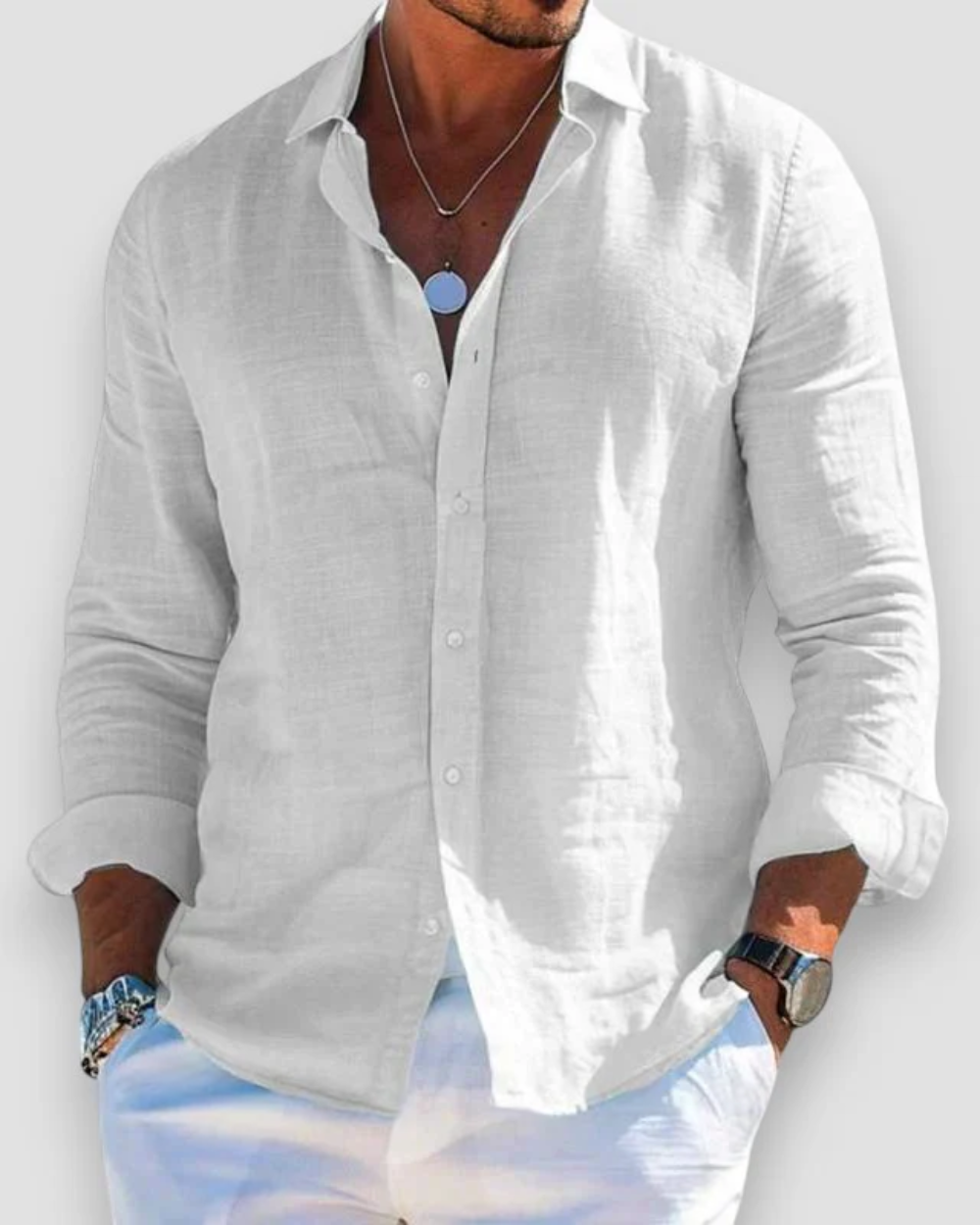 Men's plain long-sleeve button shirt with collared neckline and rolled cuffs