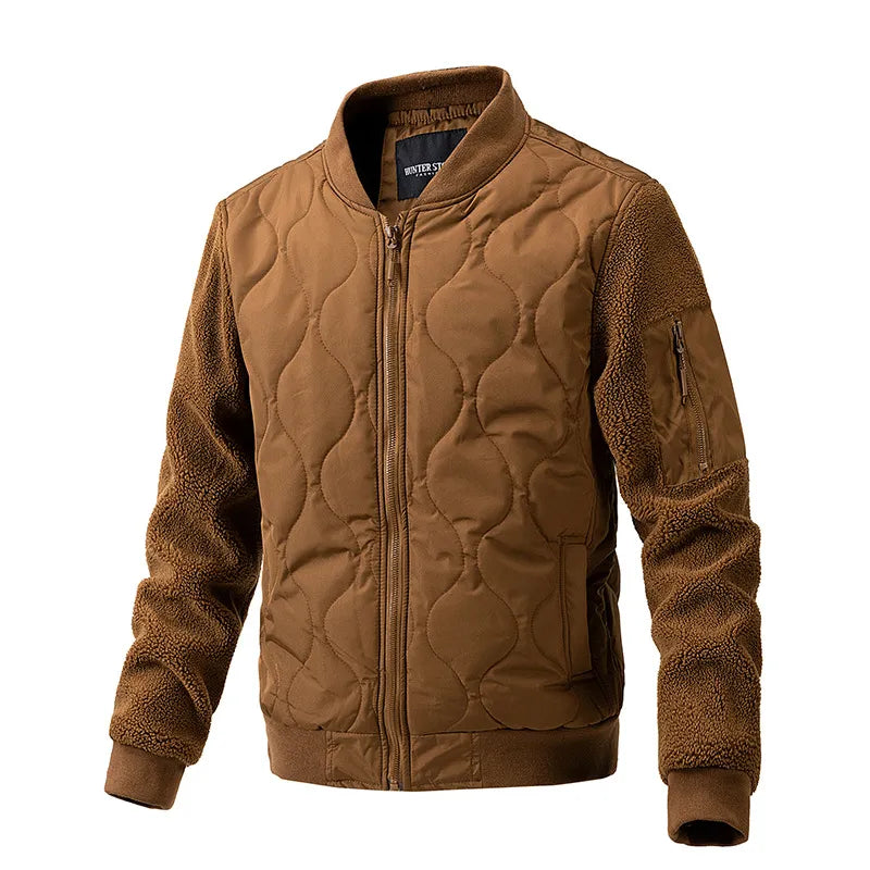 Men's Quilted Jacket Fleece Sleeve Stand Collar - Yellow