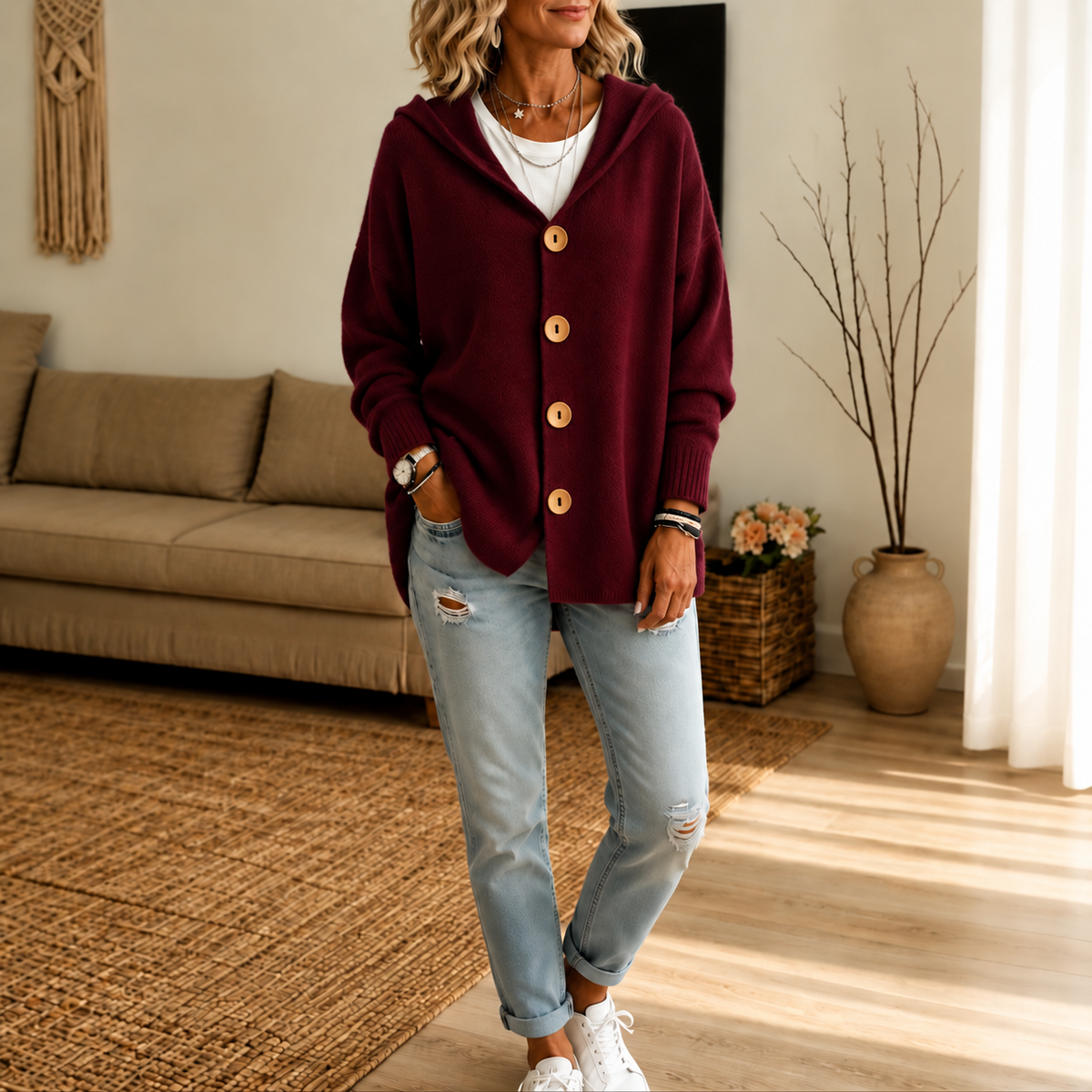 Women's hooded waffle-knit cardigan with button front and ribbed cuffs