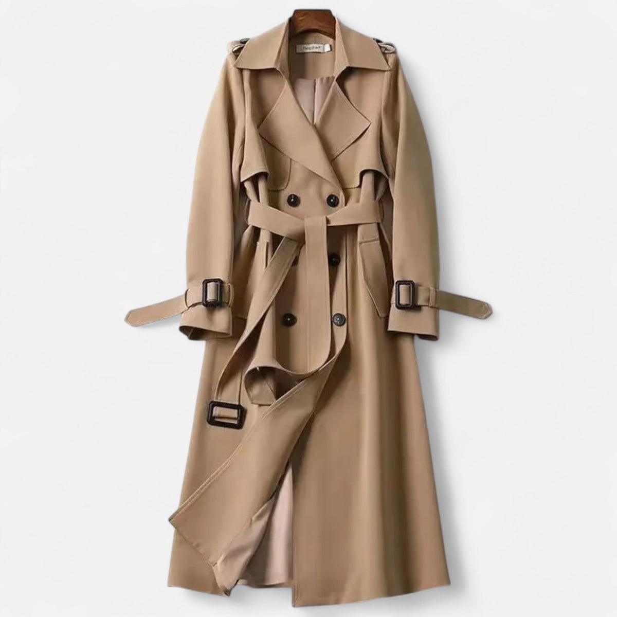 Women's long belted trench coat with wide lapels and adjustable cuff straps