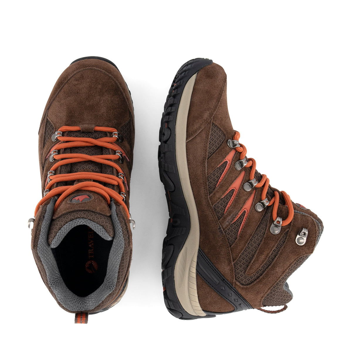 Brown high-top hiking boots with orange laces and lugged soles