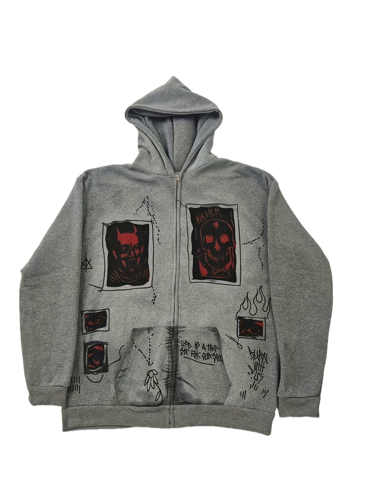 Men's grey zip-up hoodie with hood and graphic front panels