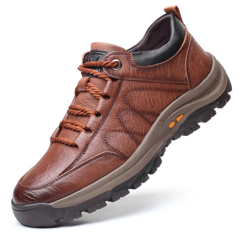 Men's Walking Shoes Leather Lace-Up Chunky Sole - Brown