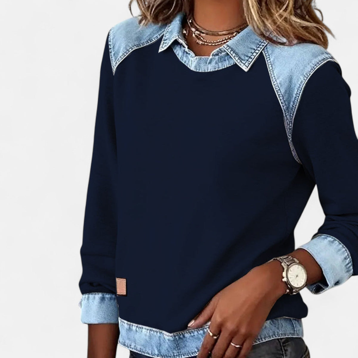 Women's long-sleeved collared sweatshirt with contrasting denim-style patchwork panels