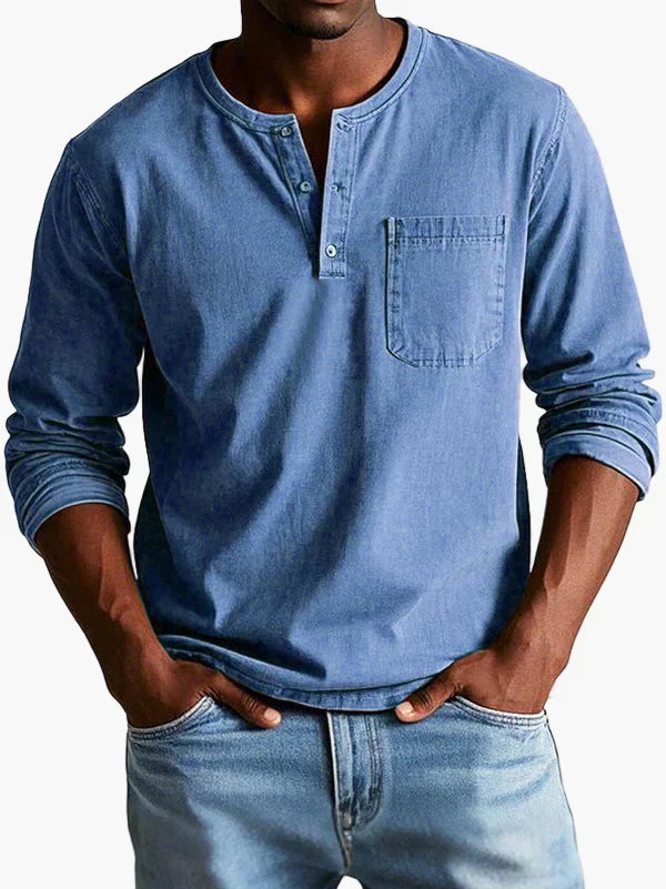 Men's long sleeve Henley shirt with Mandarin collar and chest pocket