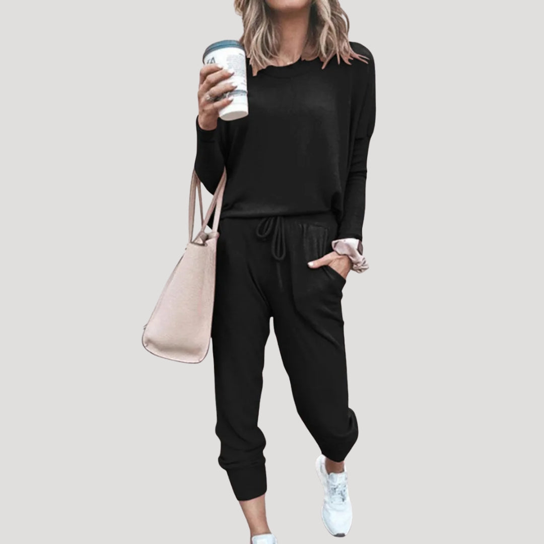 Women's two-piece lounge set with long-sleeve crew-neck top and drawstring jogger trousers