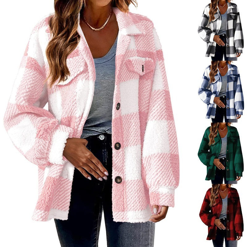 Women's checked textured shirt jacket with long sleeves, button front and chest pockets