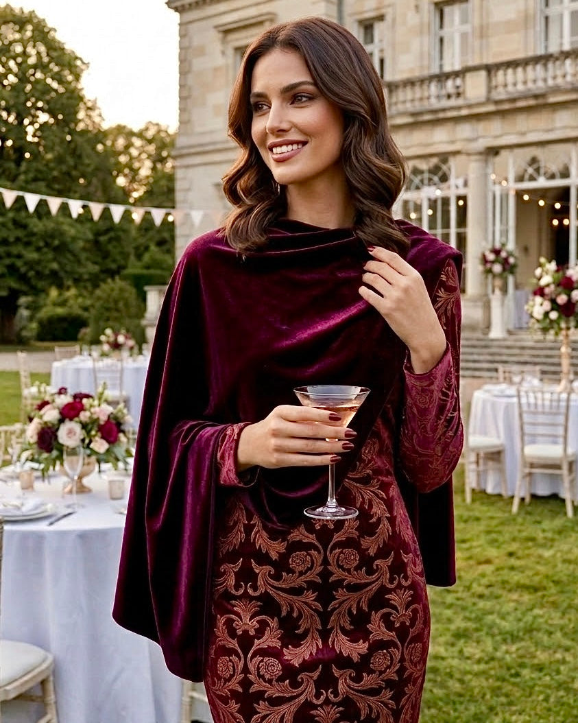 Woman wearing a burgundy draped multi-way cape with a cowl neckline