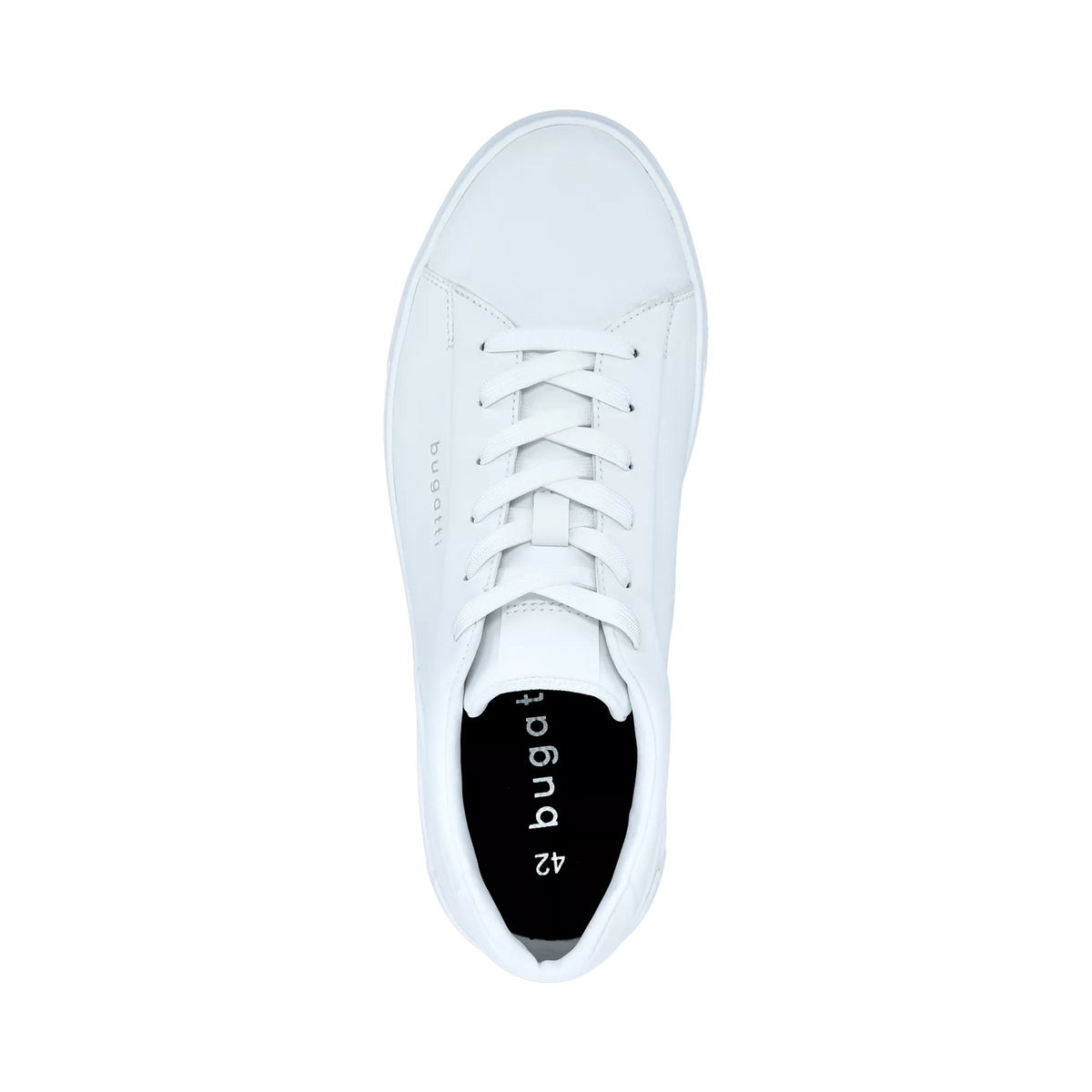Men's white low-top lace-up trainers with a round toe and raised flat sole