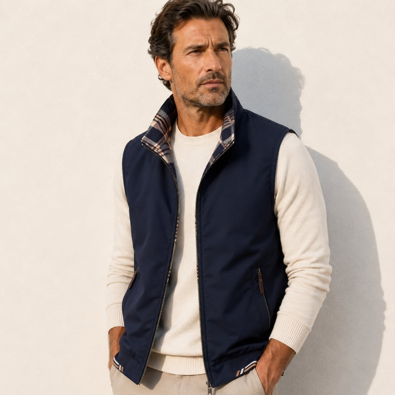 Men's sleeveless checked gilet vest with stand collar, zip front and angled pockets