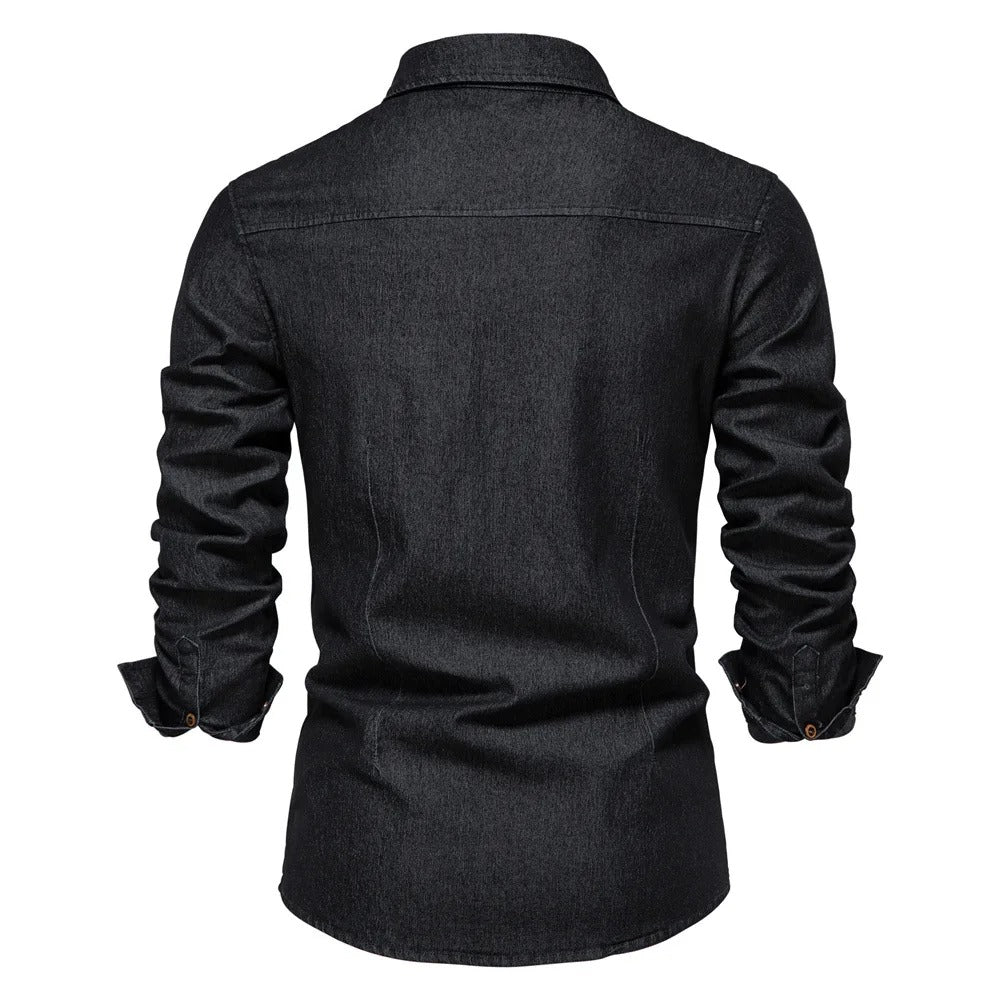 Men's Denim Shirt Western Dual Chest Pockets Long Sleeve - Black