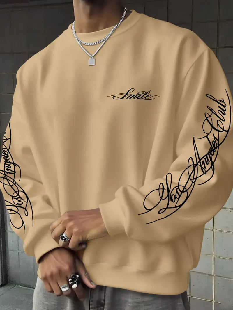 Men's crew-neck sweatshirt with white script graphics on the chest and sleeves