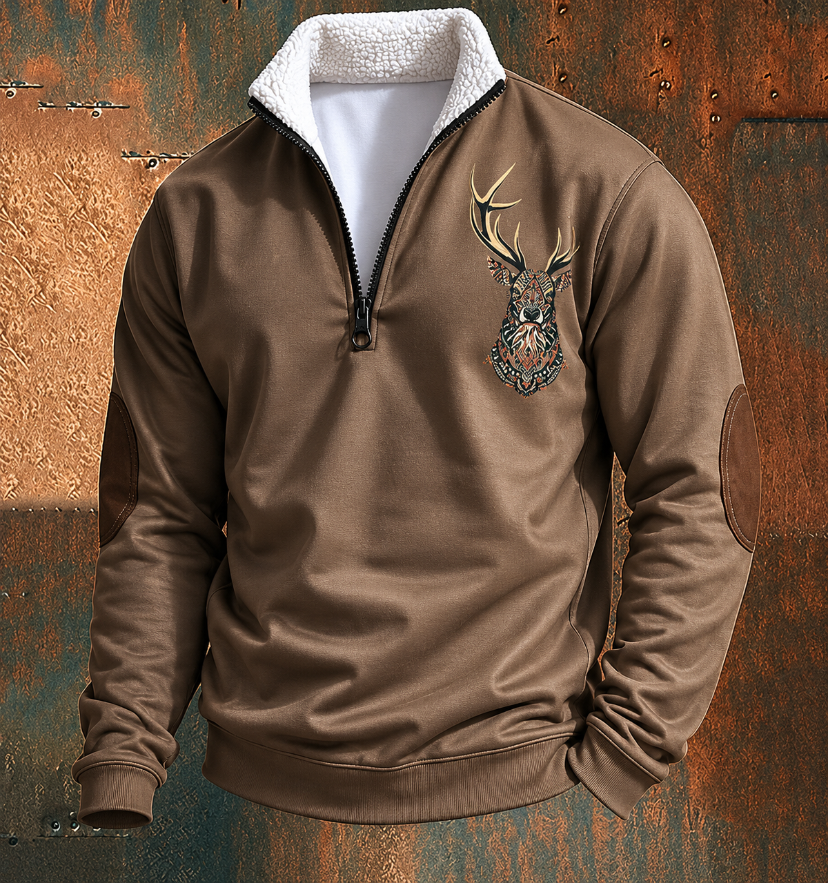 Men's quarter-zip pullover with deer embroidery, mock collar and elbow patches