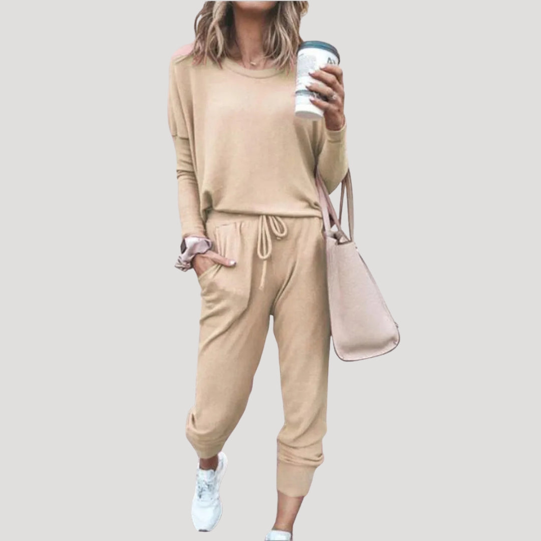 Women's two-piece lounge set with long-sleeve crew-neck top and drawstring jogger trousers