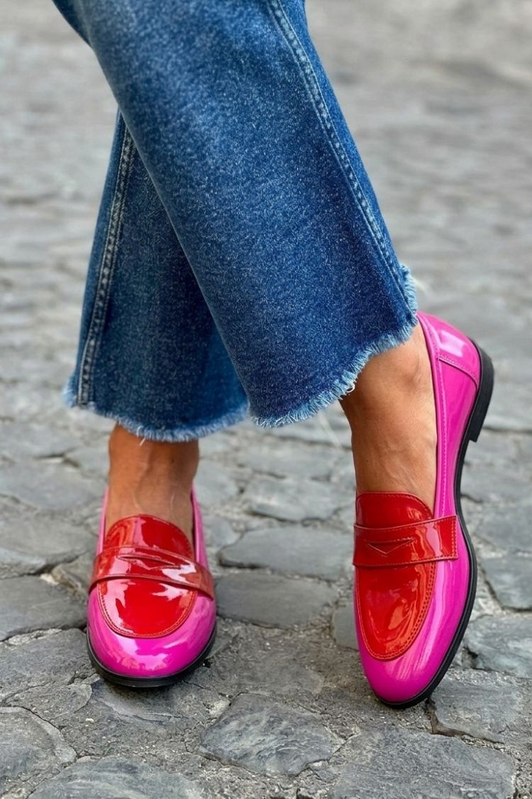 Women's patchwork colourblock round-toe loafers with low heels