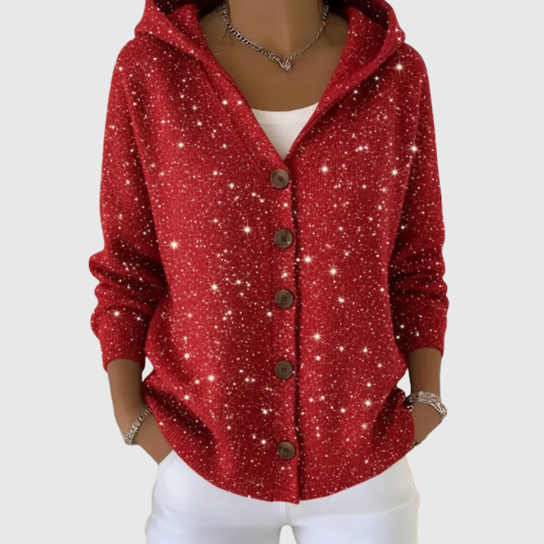Women's red sparkle hooded cardigan with button front and pockets