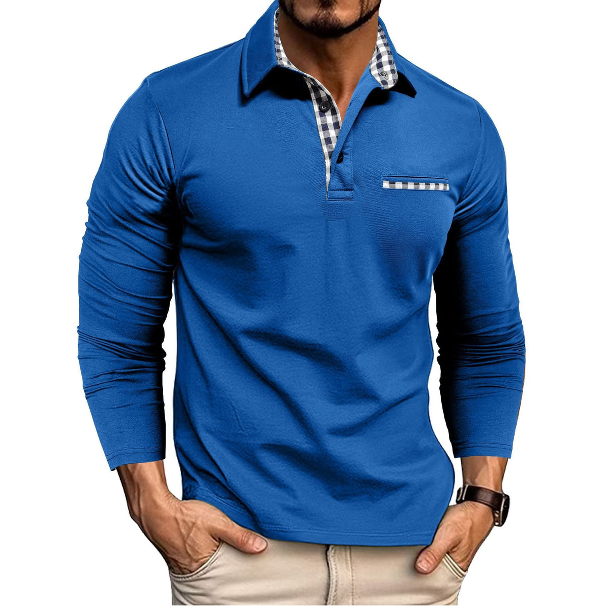Men's long sleeve polo shirt with checked collar and chest detail