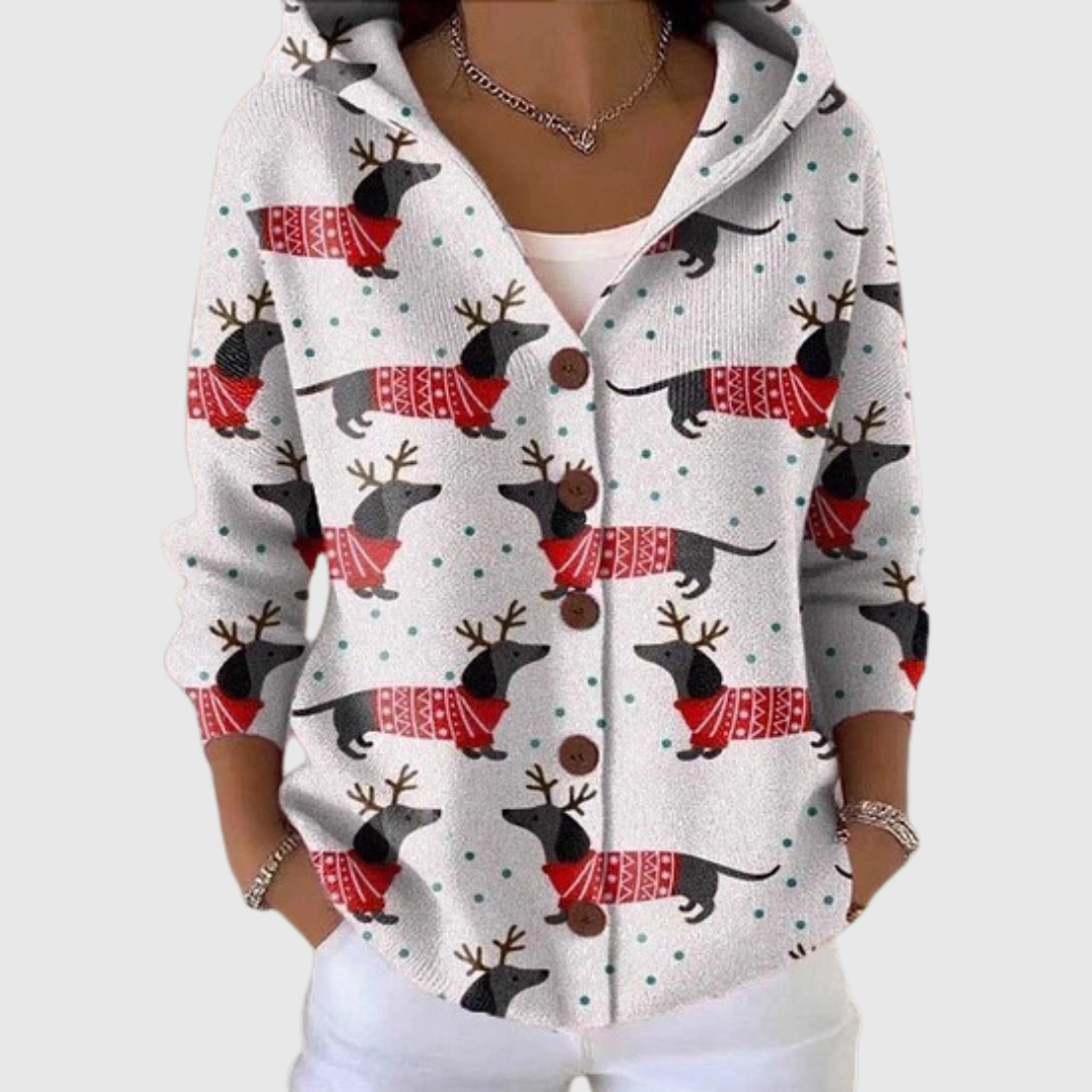 Women's white hooded knit jacket with reindeer-style animal print and button front
