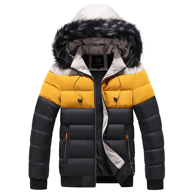 Men's colour-block puffer jacket with fur-trim hood and front zip