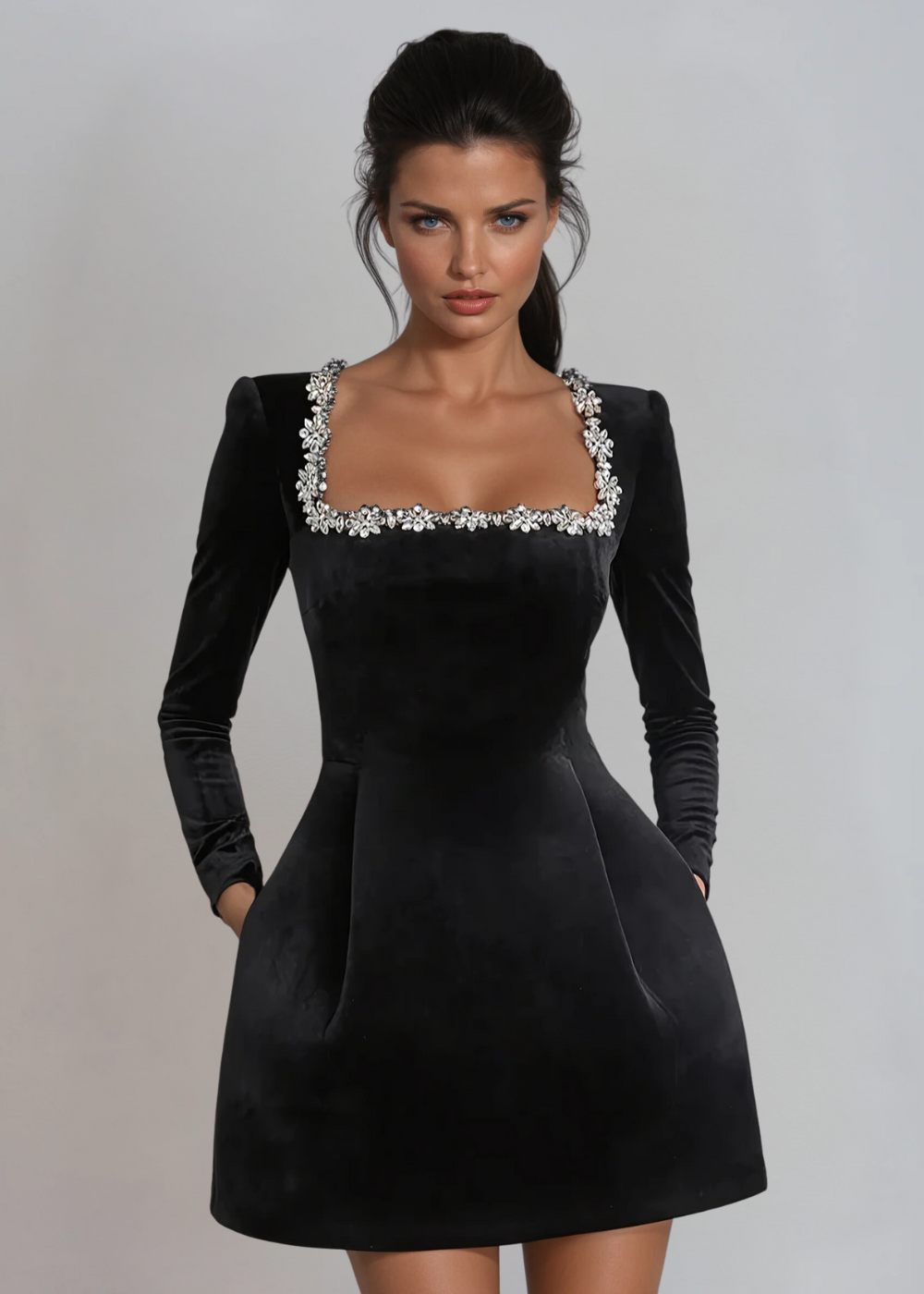 Women's Velvet Mini Dress Square Neck Crystal Trim - Black