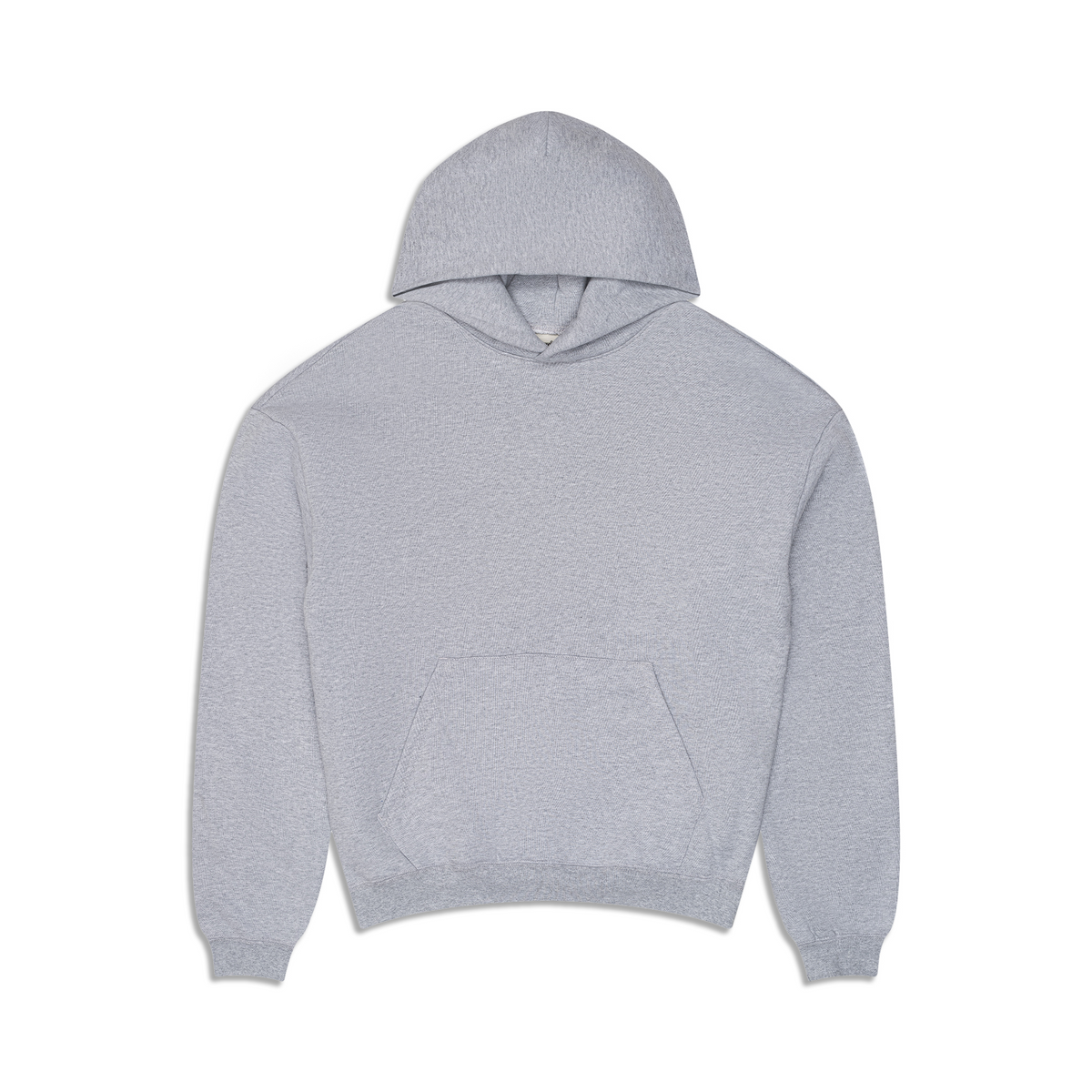 Grey pullover hoodie with hood, long sleeves and front kangaroo pocket