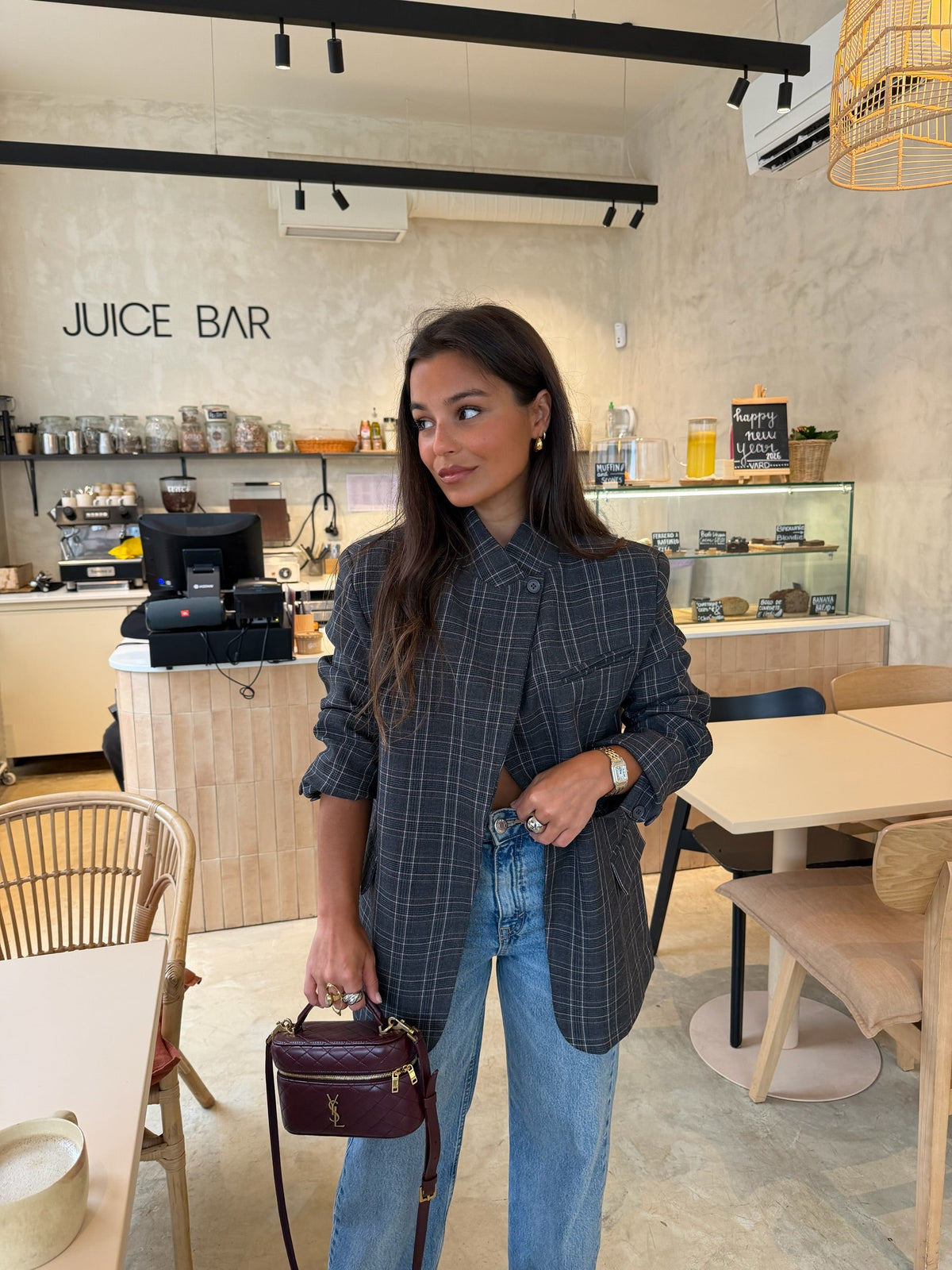 Women's grey checked asymmetric blazer with long sleeves