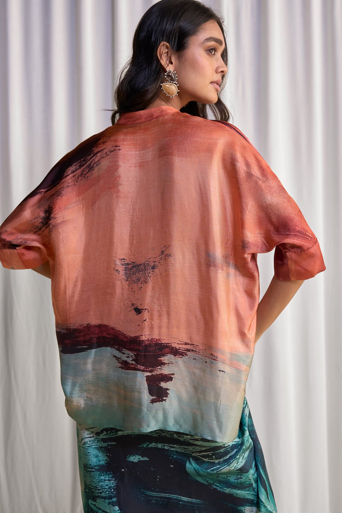 Women's multicoloured abstract brushstroke shirt and draped midi skirt set