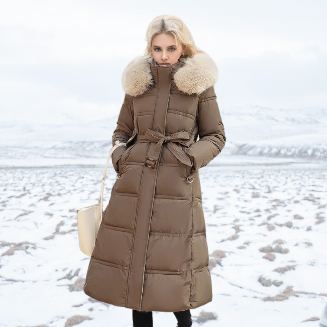 Women's long quilted hooded coat with fur-style trim