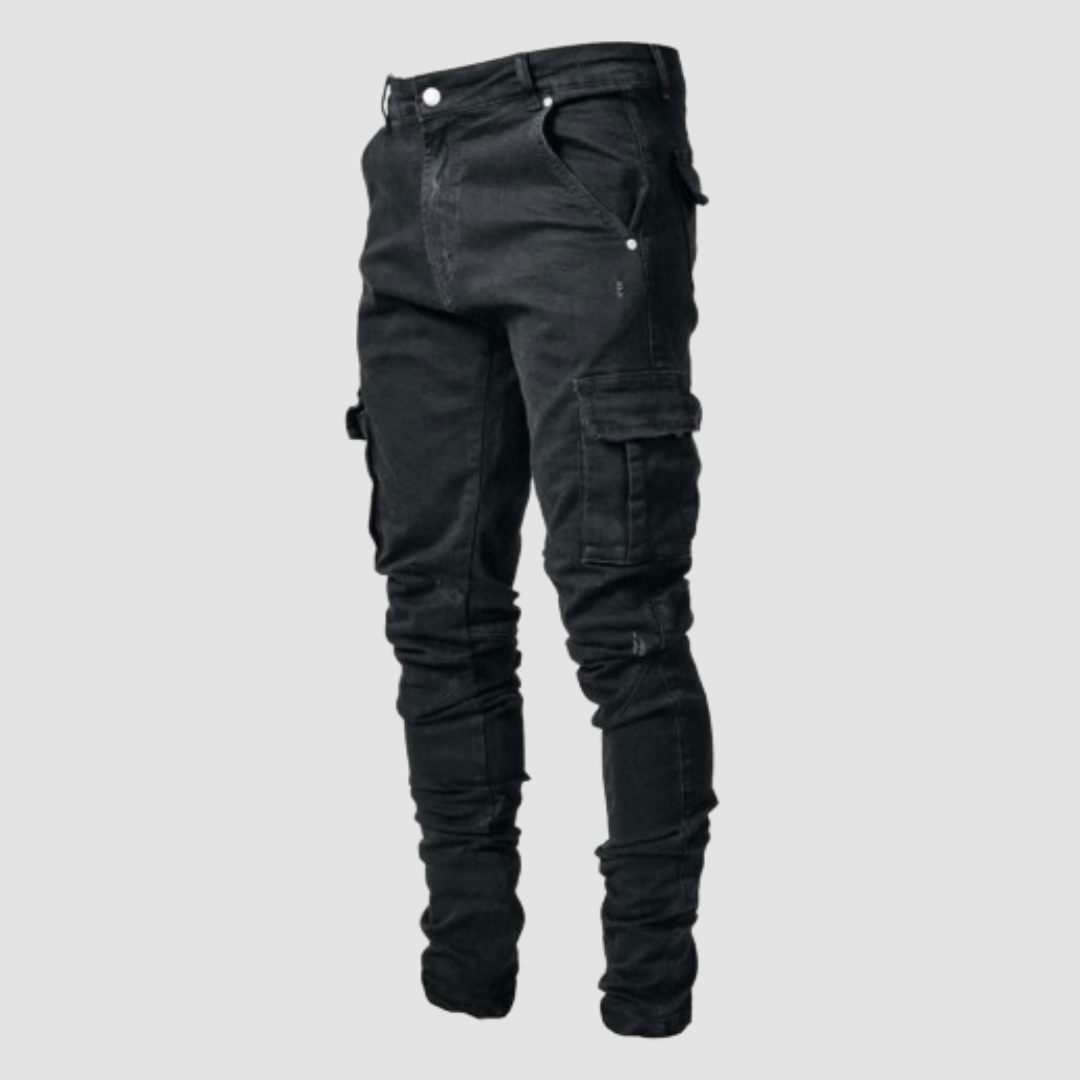 Men's slim tapered cargo jeans with multiple utility pockets and gathered legs