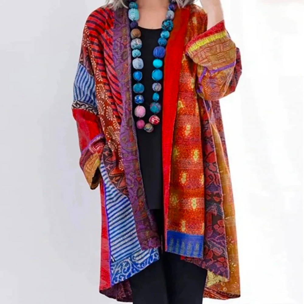 Women's loose multicoloured patchwork cardigan with open front and long sleeves