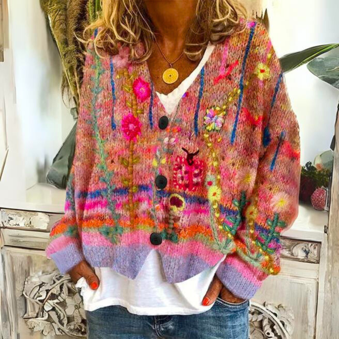 Women's colourful floral embroidered V-neck cardigan with long sleeves and buttons