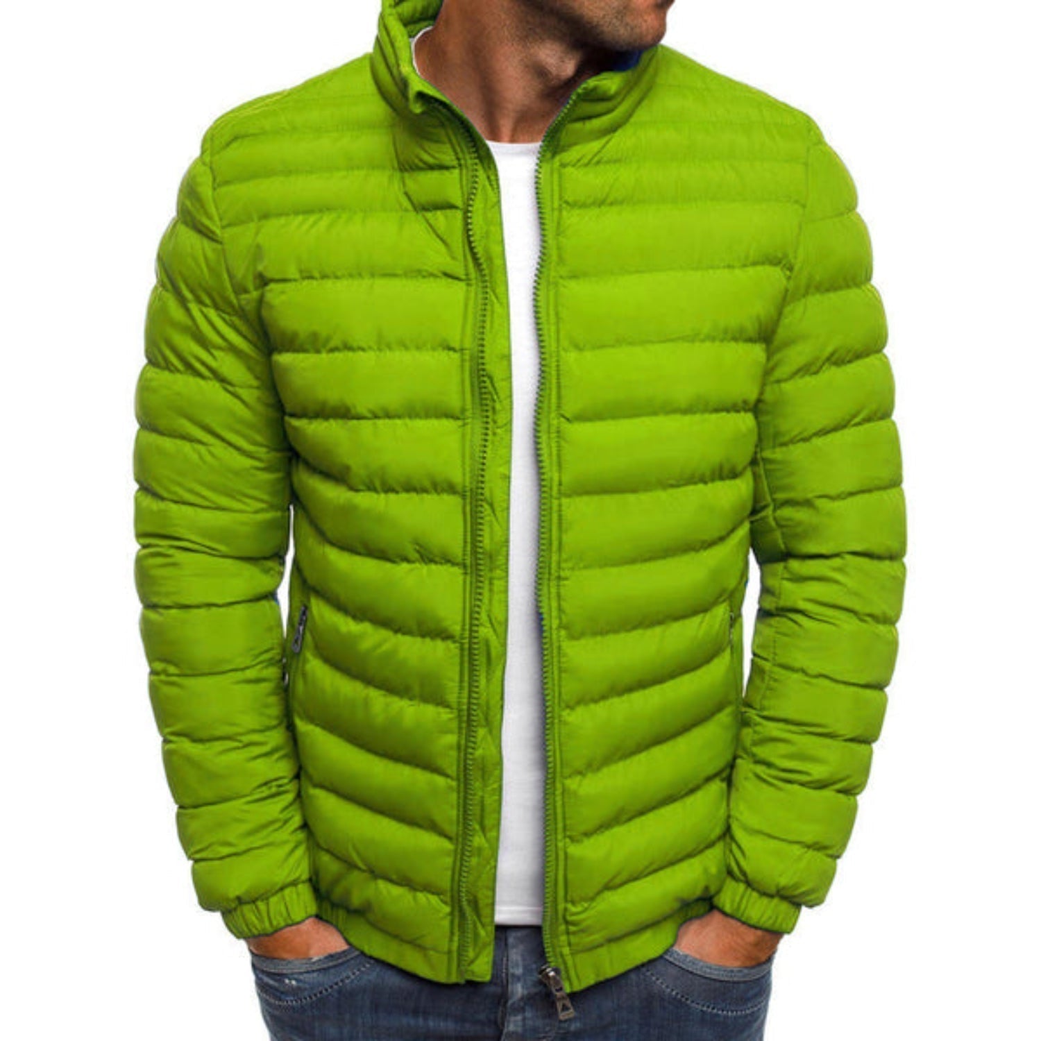 Men's Puffer Jacket Lightweight Stand Collar Zip - Green