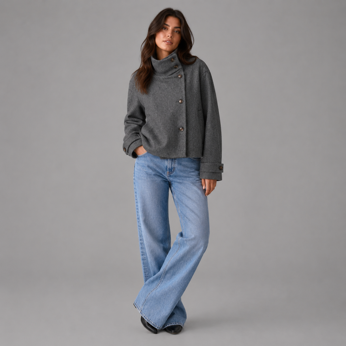 Women's stand collar button front jacket with long sleeves and front pockets