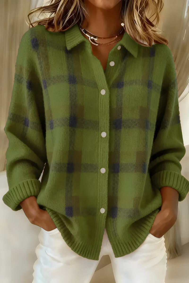 Women's checked button-front cardigan with shirt collar and long sleeves