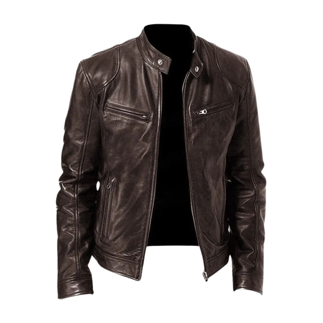 Men's zip-front biker jacket with stand collar and multiple zipped pockets