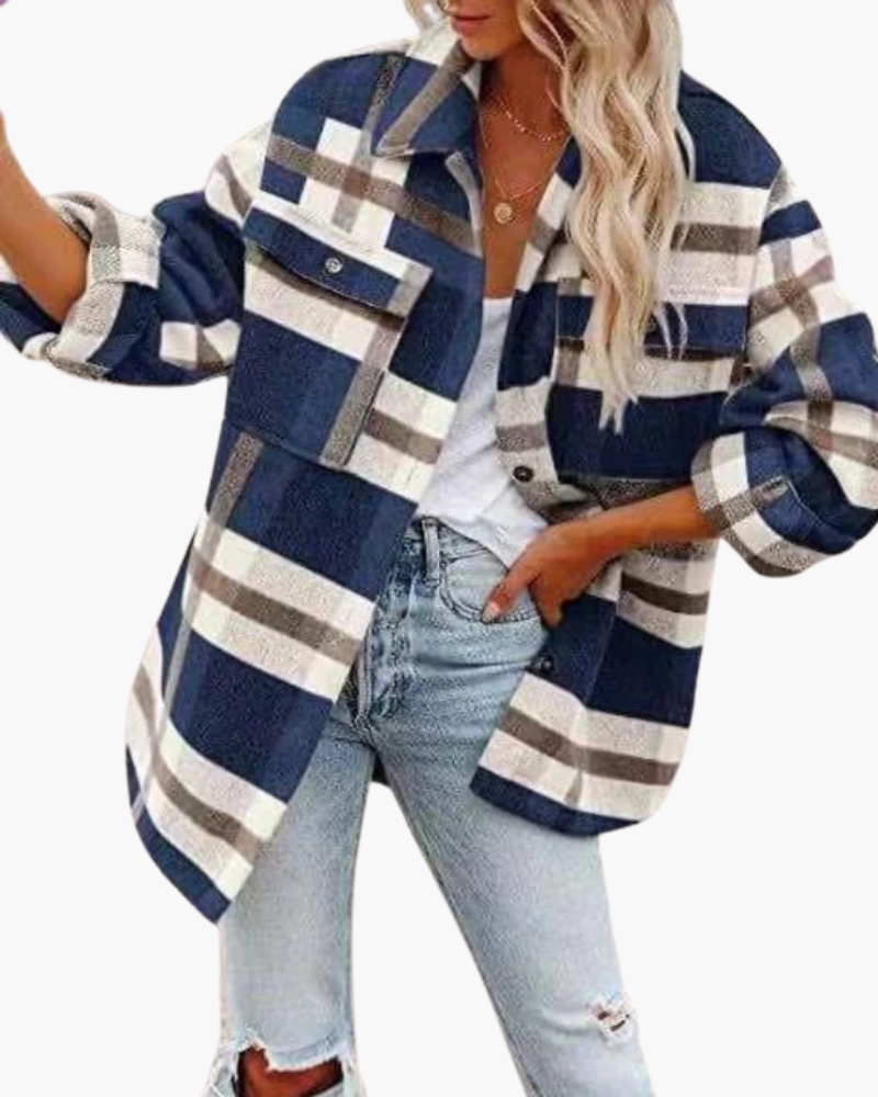 Women's oversized checked jacket with shirt collar and button front